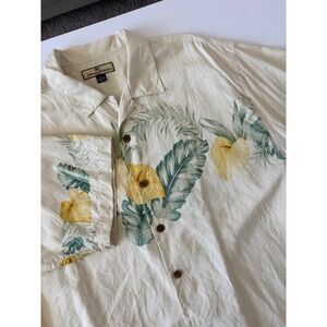Tommy Bahama Mens XL Silk Camp Shirt Yellow Floral Palm Leaf Tropical Ivory